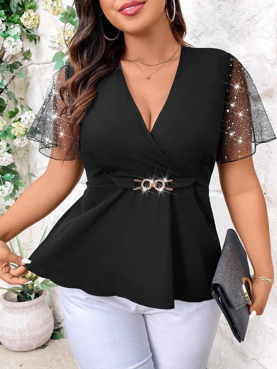 SHEIN Clasi 夏季大码休闲撞色网眼V领松紧腰衬衫 - 黑色 - 查看 1