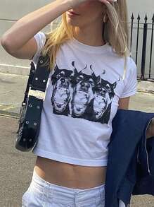 SHEIN Women's Short Sleeve T-Shirt With Doberman Print For Summer - White - View 3