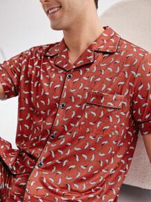 Ensemble de pyjama pour hommes à manches courtes imprimé décontracté comprenant un short, vêtements d'intérieur - Rouge - Voir 5