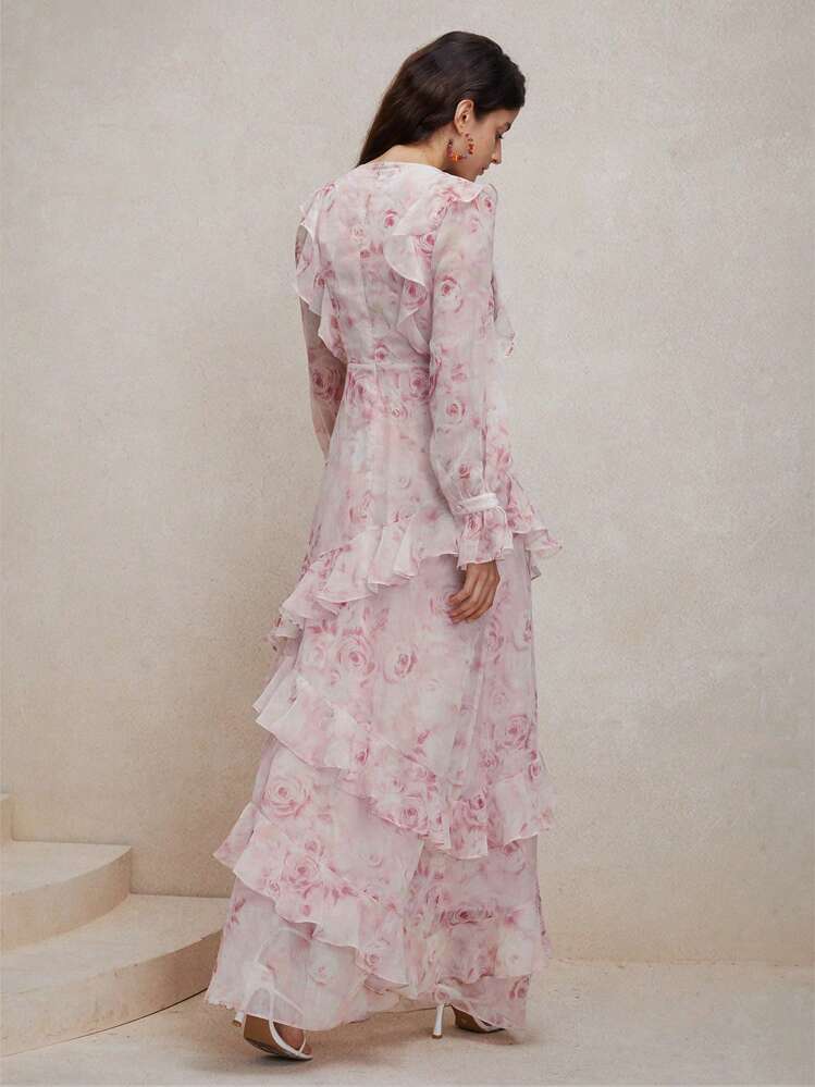 Anewsta Women's Vacation Style V-Neck Ruffle Edge Fashionable Floral Printed Dress Maxi Women Outfit - Pink - View 2