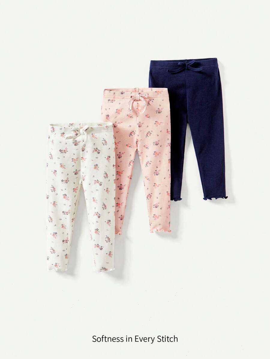 Cozy Pixies Baby Girl Floral Printed Plain Frilled Hem Long Pants Three-Piece Set - Apricot - View 1
