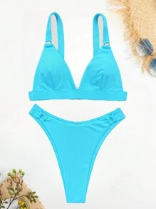 SHEIN Swim 女士夏季海灘時尚純色無線比基尼套裝 - 藍色 - 查看 3