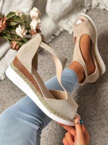 Plus Size Women's Solid Color Zipper Back Roman Style Retro Fashion Lightweight Platform Wedge Sandals - Apricot - View 1