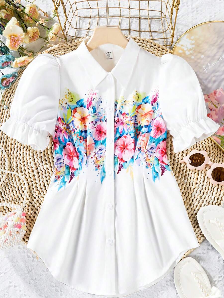 Tween Girls' Floral Printed Button-Up Shirt With Puffed Sleeves And ...