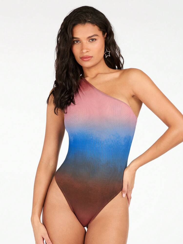 Ladies' Summer Gradient Color One Shoulder Sleeveless Bodysuit Skinny Fit