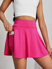 SHEIN Falda-short tejido de unicolor con bolsillo incorporado y pantalones cortos debajo para niña preadolescente. - Rosa Fucsia - Ver 1