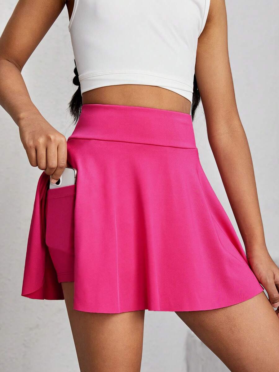 SHEIN Falda-short tejido de unicolor con bolsillo incorporado y pantalones cortos debajo para niña preadolescente. - Rosa Fucsia - Ver 1