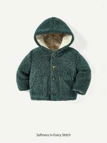 男嬰前紐扣絨毛連帽外套 - 墨綠色 - 查看 1
