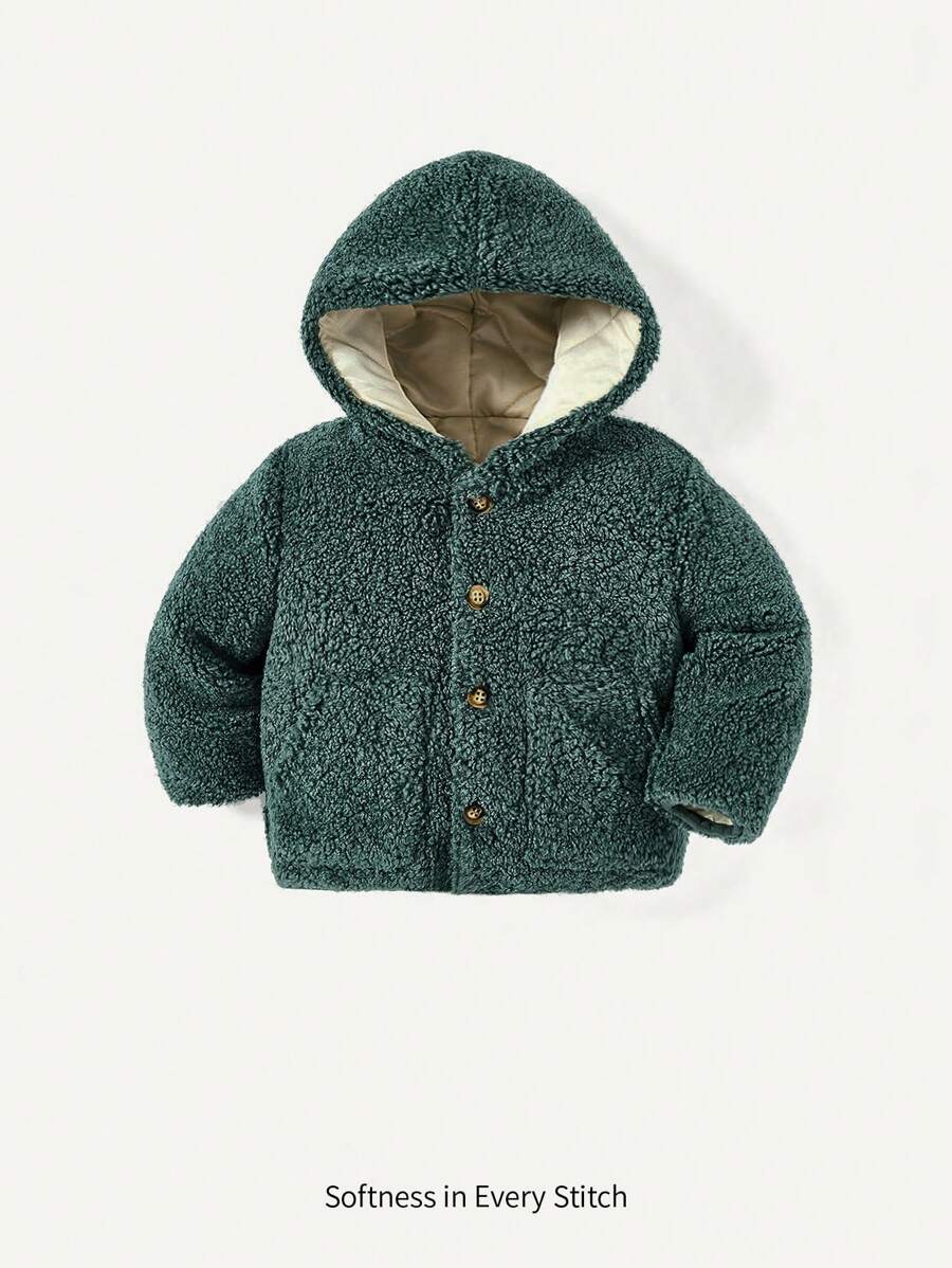 男嬰前紐扣絨毛連帽外套 - 墨綠色 - 查看 1