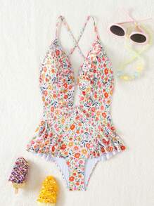 Teen Girl's Floral Print Ruffle Trim One Piece Swimsuit, Bathing Suit Beach Outfit Summer Vacation - Multicolor - View 8