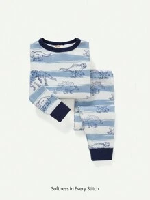 Cozy Pixies Baby Boy Snug Fit Pajamas, Striped Fun Little Dinosaur Print Tops Round Neck Long Sleeve And Footed Pants Set - Blue - View 1