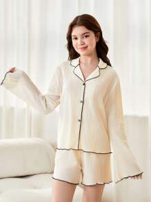 Teen Girl Cardigan Simplu Alb Maneca Lungi Cu Pantaloni Scurt Casual 2buc/Set Tinuta Acasă