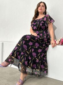 Mulvari 大码女式时尚短袖紫色碎花连衣裙女装，适合夏季 - 黑色 - 查看 6