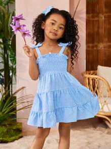 SHEIN 年轻女孩淡彩分层细肩带连衣裙，非常适合周末度假、露营、海滩度假和户外活动、假日、夏季、旅行 - 藍色 - 查看 4