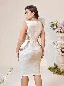 SHEIN Belle Plus Size Elegant Cocktail Party Dress, Lace Patchwork, 3d Floral Applique, Ribbon Tie Waist, Short Length - White - View 5