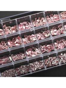 1 Box Nail Art Accessory Light Pink 24 Grid Mixed Style Assorted Diy Nail Decoration With Flat Bottom Rhinestone, Asymmetric Rhinestone, Colorful Glass Rhinestone, And Small Round Rhinestone - Màu Hồng baby - Xem 4