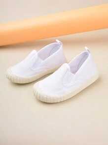 1對白色帆布彈力帶平底懶人鞋，流行時尚，舒適透氣，適合四季穿著