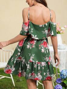 SHEIN Clasi Vestido Casual De Chiffon Con Diseño De Hombros Descubiertos, Escote Floral Y Para Verano - Verde - Ver 2