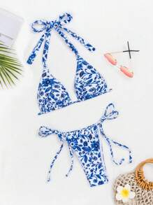 SHEIN Swim Summer Women's Halter Back Tie Dye Print Separated Bikini Set With Back Straps - Multicolor - View 6