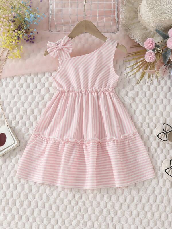 SHEIN Vintaside Kids Young Girl Fashionable Striped Dress With Asymmetrical Collar & Bow Decoration, Sleeveless, Summer