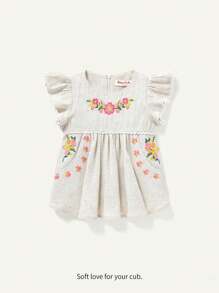 Baby Girl Floral Embroidered Round Neck Blouse With Ruffle Waist - Apricot - View 6