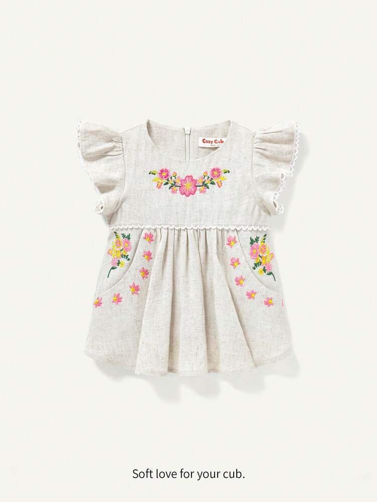 Baby Girl Floral Embroidered Round Neck Blouse With Ruffle Waist