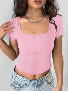 SHEIN Unity Mùa hè giản dị Ren & Bowknot Trang trí Thon gọn Áo thun - Hồng - Xem 6