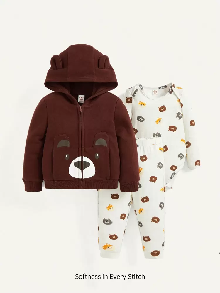 Baby Boy Cartoon Graphic 3D Ears Design Hoodie & Bodysuit & Pants