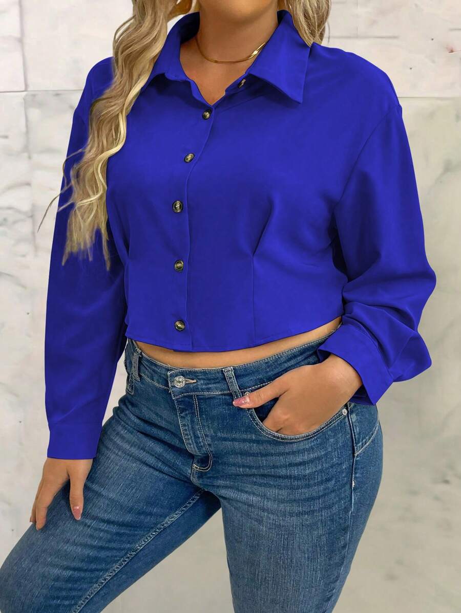 Calvaya Plus Size Women's Solid Color Waist-Cinching Shirt - Royal Blue - View 1