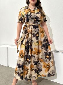 Mulvari Plus Size Women's Fashionable Short-Sleeved Dress With Floral Print Women Outfit, For Summer