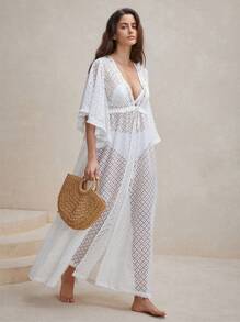 SHEIN Swim Vacation Embroidered Top With Lace Trimmed Edges And Drawstring Summer