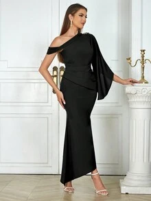 性感简约不对称领口纯色女式连衣裙黑色优雅长袖正式晚会舞会婚礼宾客礼服，适合毕业典礼、晚宴派对 - 黑色 - 查看 5