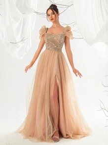 VIPGIRL Damen Abendkleid mit Pailletten-Dekor, hohem Schlitz und Mesh, elegantes Partykleid für Abschlussball, Dinner, formelle Abende und Hochzeitsgäste