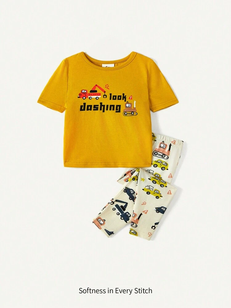 Baby Boy Snug Fit Cartoon Car Pattern Round Neck Short Sleeve Top & Pants Homewear Set