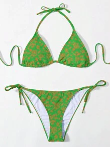 SHEIN Swim Women's Ditsy Floral Halter Neck Tie Bikini Set For Vacation Summer - Multicolor - View 1