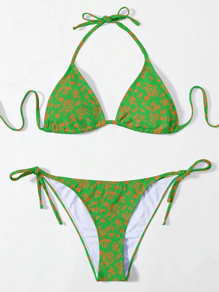 Women's Ditsy Floral Halter Neck Tie Bikini Set For Vacation Summer