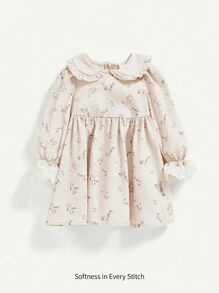 Cozy Pixies Baby Girls' Peter Pan Collar Long Sleeve Floral Printed Dress With Ruffle Hem