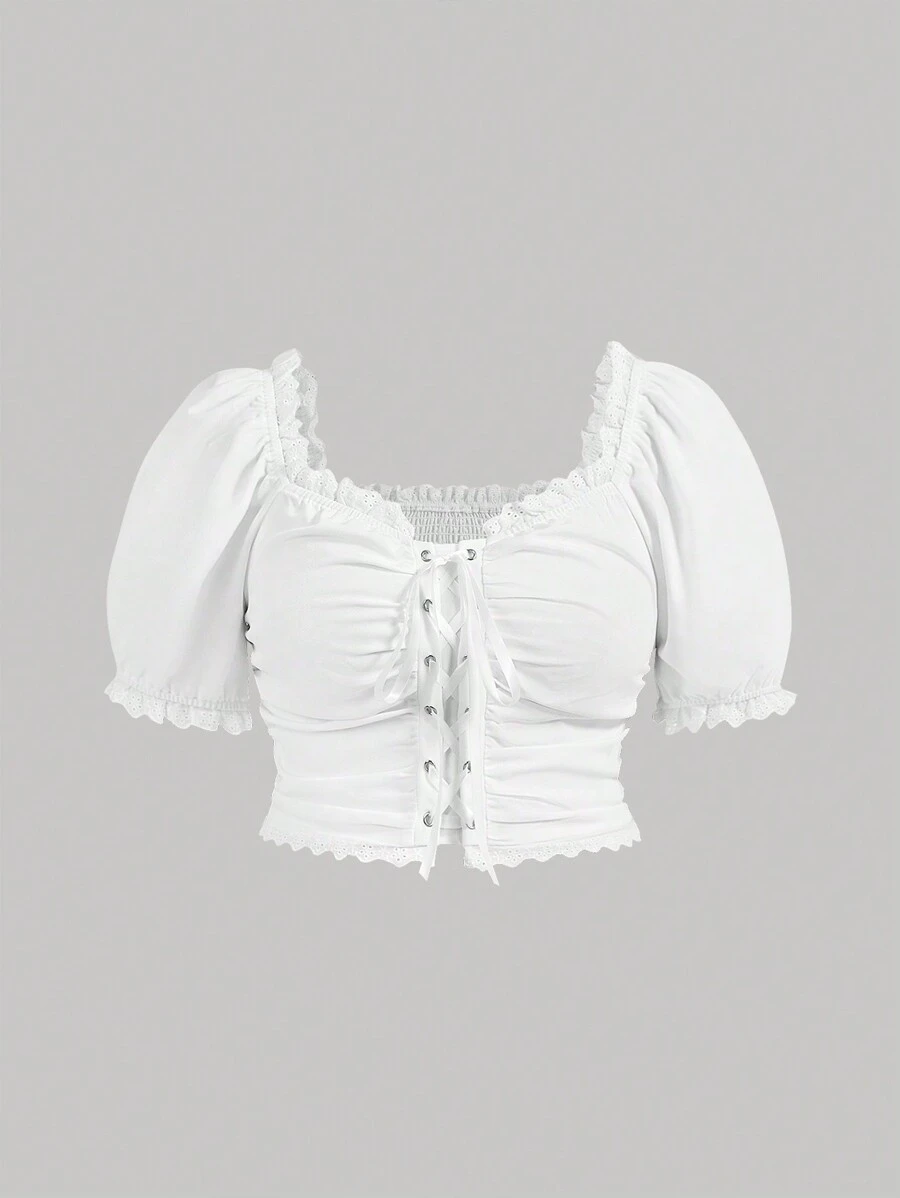 SHEIN MOD Kích thước lớn Thời trang nữ Tie Trước Chi tiết ren Áo sơ mi - trắng - Xem 1