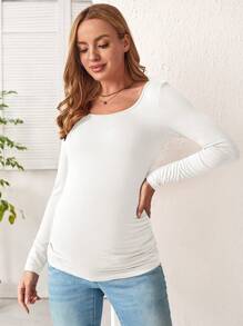 SHEIN Maternity Solid Ruched Side Tee With Long Sleeve - White - View 4