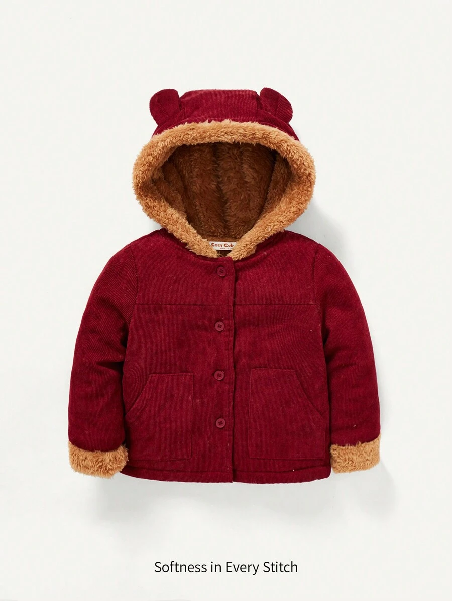 Baby Girl Bear Ear Design Button Front Thermal Lined Hooded Coat - Burgundy - View 1