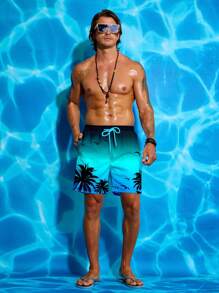 Surfspeed Men's Palm Tree Printed Beach Shorts,Hawaiian - Blue - View 3