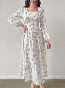 Modelyn Vestido largo con estampado de flores, mangas farol y cintura fruncida, en forma de corazón en el cuello, para uso formal y vestidos de noche para mujeres