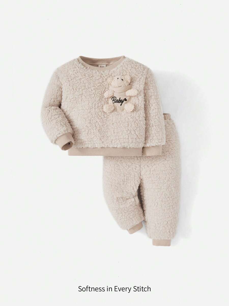 Đứa bé gái Bản vá Gấu Teddy Áo len & quần - Màu be - Xem 1