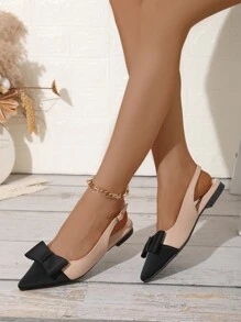 Fall/Winter Fairy Style Rhinestone Bowknot Closed Toe Sandals For Women, Khaki Color, With Ankle Strap, Pointed Toe, Flat Heels, Hollow Design, Summer