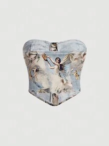 SHEIN MOD 大尺碼女性油畫印花復古甜心牛仔胸衣上衣,不對稱下擺並具有彈性 - 彩色 - 查看 2