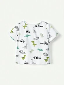 Cozy Pixies Conjunto De 2 Piezas Para Bebé Niño, Camiseta De Manga Corta Con Estampado De Dinosaurio Y Cuello Redondo Junto Con Pantalones Cortos De Un Solo Color