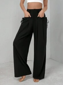 SHEIN Essnce Summer High Waist Pleated Wide Leg Suit Pants With Knot Design For Casual & Commute
