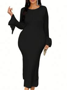SHEIN Clasi Women's Plus Size Solid Color Round Neck Bell Sleeve Dress - Black - View 4