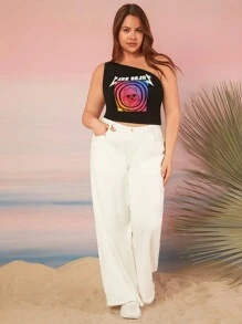 SHEIN X Care Bears Top casual noir à une épaule avec imprimé d'ours et de lettres pour femmes grande taille, pour l'été - Noir - Voir 3