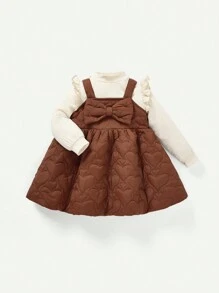 Baby Girl Ruffle Trim Top & Bow Front Quilted Pinafore Dress - Khaki - View 3